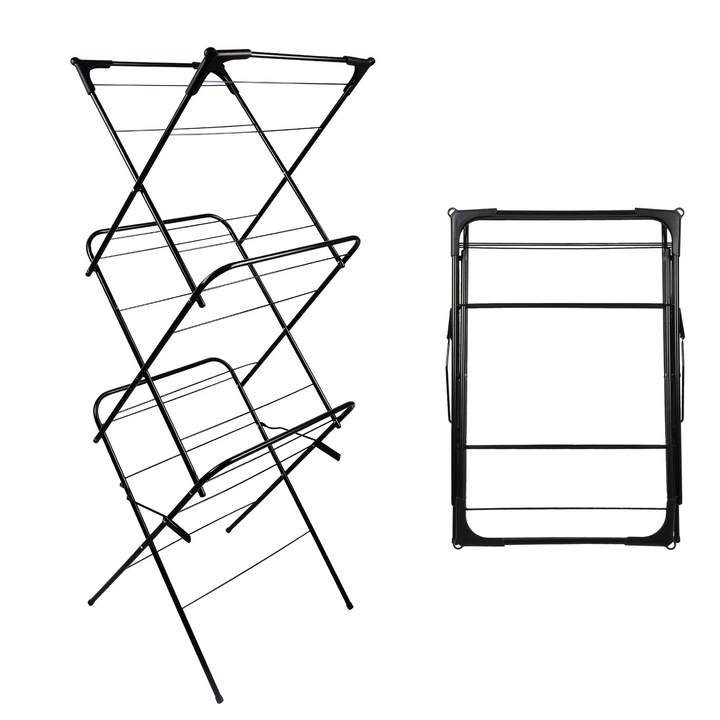 Stendar de rufe, Suport de uscat rufe, Pliabil, Compact, Interior/Exterior, Otel inoxidabil, Negru