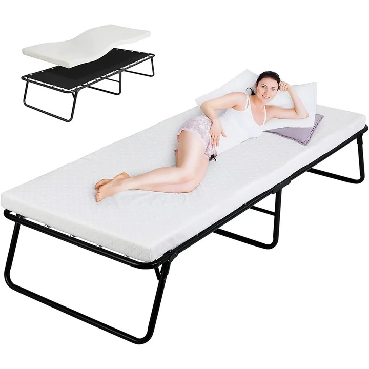 Pat pliant pentru adulti, pat de o persoana 80x190 cm, cadru metalic cu spatar, saltea memory foam 7 cm, pliabil fara roti