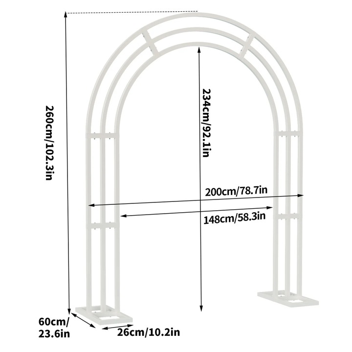 Esküvői boltív, fém tartó háttér dekorációhoz és kertbe, 200x60x260 cm XXL, szabadon álló pergola szertartásokhoz és partikhoz, fehér