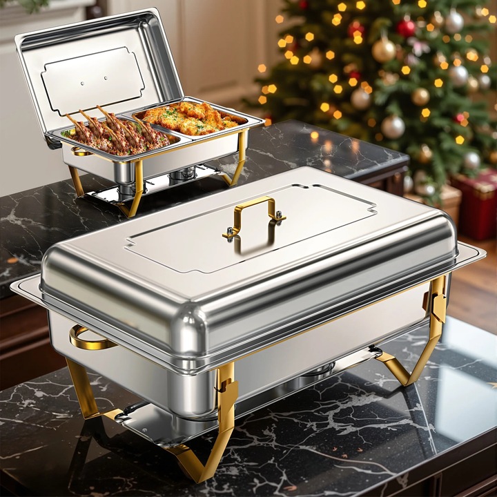 Нагревател за бюфет, комплект chafing dish, 8 л, инокс, единично двойно тройно отделение, за партита и кетъринг, поддържане на храната топла, комплект 2 броя, златист