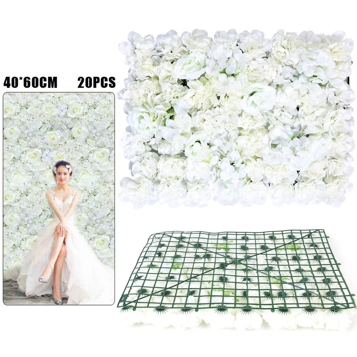 Decor perete cu flori, set 20 panouri cu flori artificiale 40x60 cm, flori din matase, pentru nunta si casa, multicolor