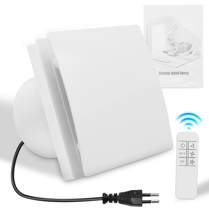 Fürdőszobai és konyhai ventilátor, 100 mm-es légelszívó, távirányító, 7 sebesség, DC 5, 7 W motor, visszacsapó szelep, időzítő, USB tápellátás, fehér