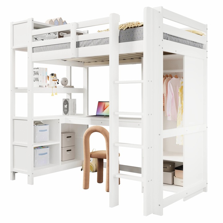 Pat inalt, pat tip loft 90x200 cm, lemn, rafturi si compartimente de depozitare, birou si dulap, fara saltea, alb