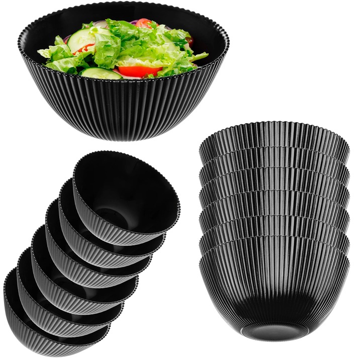 Bol din sticla pentru salata, set 6 bucati, diametru 15, 2 cm, bol de servire, negru