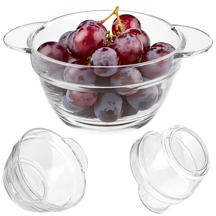 Bol din sticla, bol pentru supa cu manere, bol pentru salata, bol de servire 550 ml, transparent