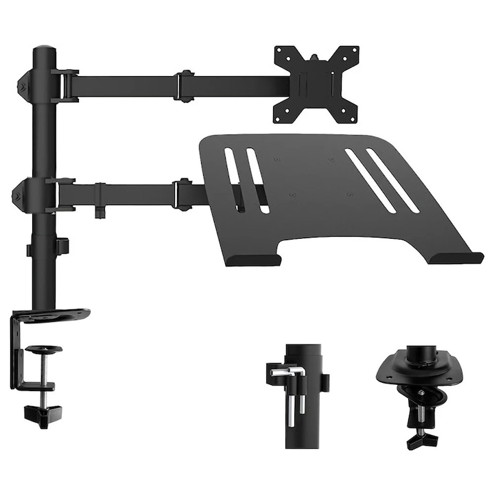 Kettős monitorkar laptop tartóval, VESA asztali tartó, 33–81 cm-es monitorokhoz, 33–61 cm-es laptopokhoz, ergonomikus, 2 rögzítési lehetőség, fekete