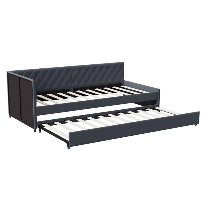 Canapea extensibila 90/180x200 cm, pat extensibil dublu in U, cu lada de depozitare, cadru din lemn, tapiterie catifea, fara saltea, gri