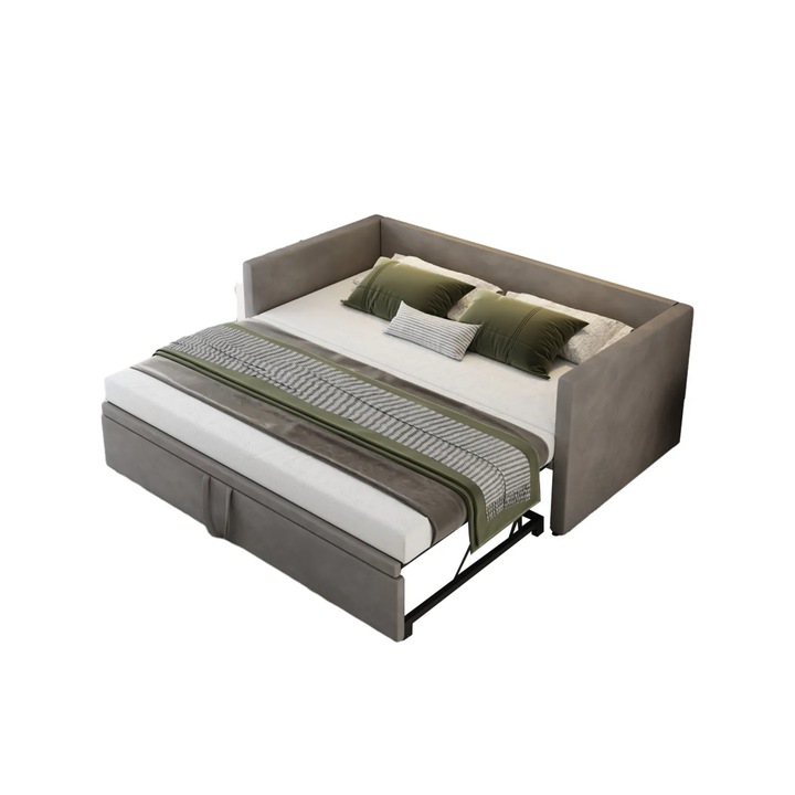 Canapea extensibila 2-in-1, Pat rabatabil 90/180x200 cm, Tapiterie catifelata, Lada de depozitare, Cadru din lemn cu somiera, Gri