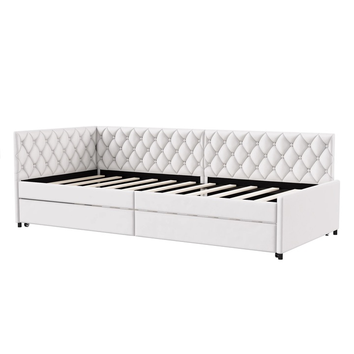 Sofa, canapea extensibila in U, pat glisant dublu 90/180x200 cm, cu lada de depozitare, cadru din lemn, catifea, fara saltea, bej
