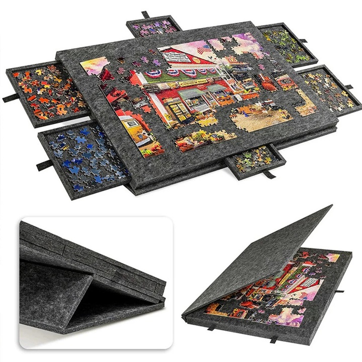 Hordozható filc puzzle tartó, Összecsukható puzzle asztal, Állvánnyal és fedéllel, 6 fiók, Akár 1000 darabos, Többféle felhasználás