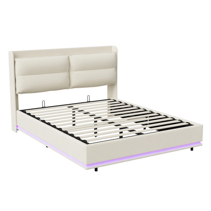 Kárpitozott ágy 160×200 cm, franciaágy tárolóhellyel, LED világítással és vezeték nélküli USB-vel, magas fejtámla, fa keret ágyráccsal, modern stílus