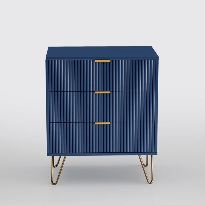Modern, kényelmes komód 3 fa fiókkal, minimalista design, tárolóhely hálószobába és nappaliba, sötétkék