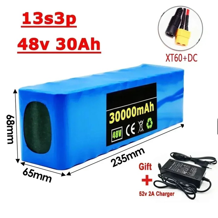 Akkumulátor 48V, Li-ion 13S3P, 100Ah, XT60 + DC csatlakozó, BMS, töltő 54,6V, 238×66×60 mm