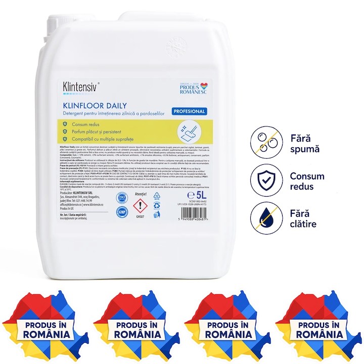 Detergent profesional pardoseli Klintensiv KLINFLOOR DAILY, concentrat, parfum lavanda, pH neutru, pentru mop si masini automate de spalat pardoseli, canistra 5 L, 4x Stickere