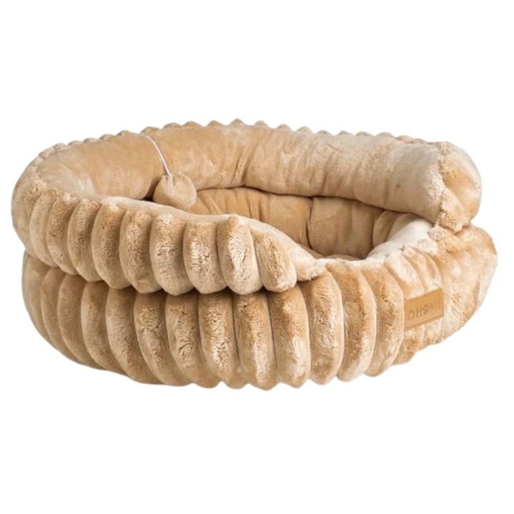 Pat tip cuib pentru pisici cu jucarie suspendata, maro, 50 x 19 cm, suprafata fluffy, baza neagra antiderapanta si impermeabila