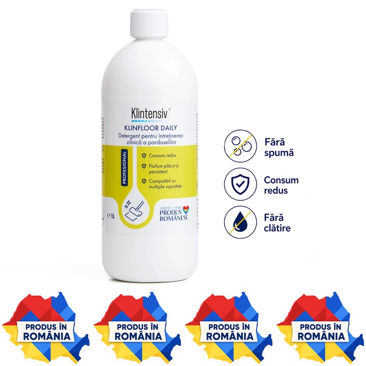 Detergent pardoseli Klintensiv KLINFLOOR DAILY, concentrat, parfum lavanda, fara spumare, fara clatire, pentru gresie, marmura, granit, parchet laminat, vinil si linoleum, 1 L, 4x Stickere