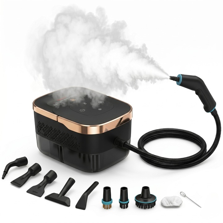 Aparat de curatat cu abur, multifunctional, Luvessa™, 1500W, presiune 4 bar, rezervor 1250 ml, 6 trepte reglaj, 105°C, 8 accesorii, pentru casa, bucatarie, baie si auto, negru
