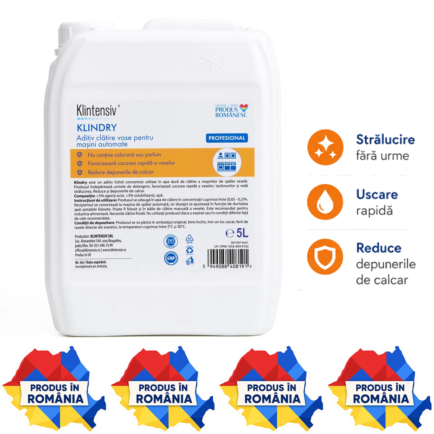 Aditiv profesional de clatire Klintensiv KLINDRY, pentru masini automate de spalat vase, pahare, tacamuri si vesela, anti-calcar, biodegradabil, fara parfum, canistra 5 L, 4x Stickere
