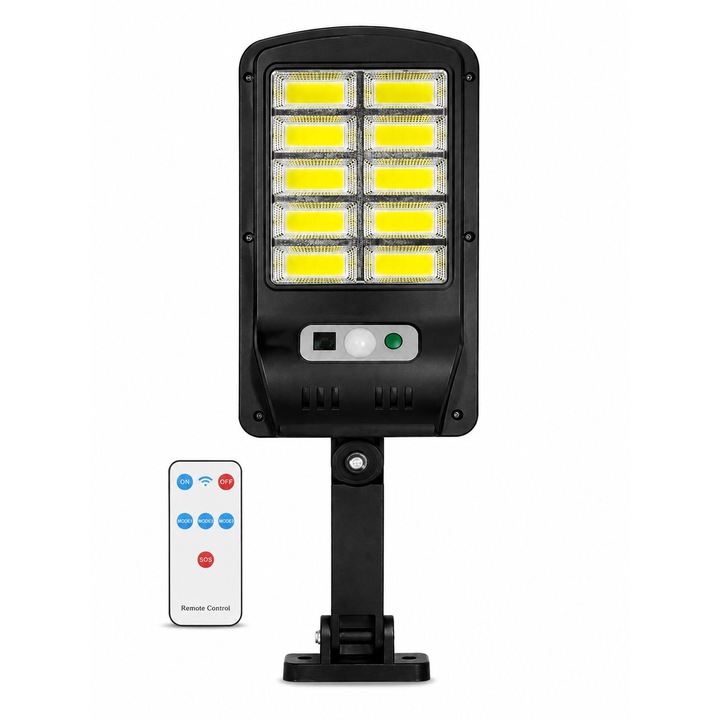 Lampa Solara LED Exterior 120 COB, cu Telecomanda, Senzor de Miscare 120°, Panou Solar Integrat, 3 Moduri de Iluminare, IP65, 19.5 x 10 cm, negru