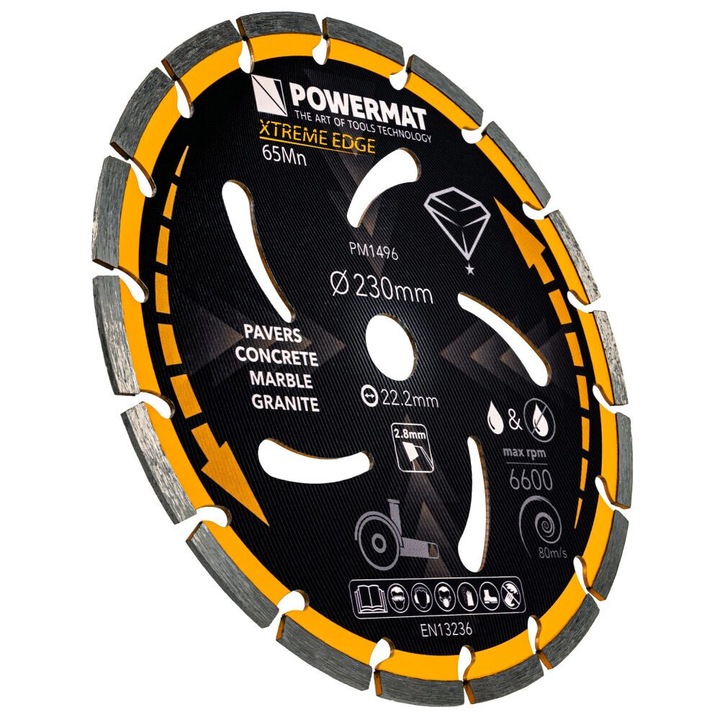 Disc diamantat segmentat pentru taiat in beton, caramida, gresie, 230x 22.2 x 2.8 mm, Powermat