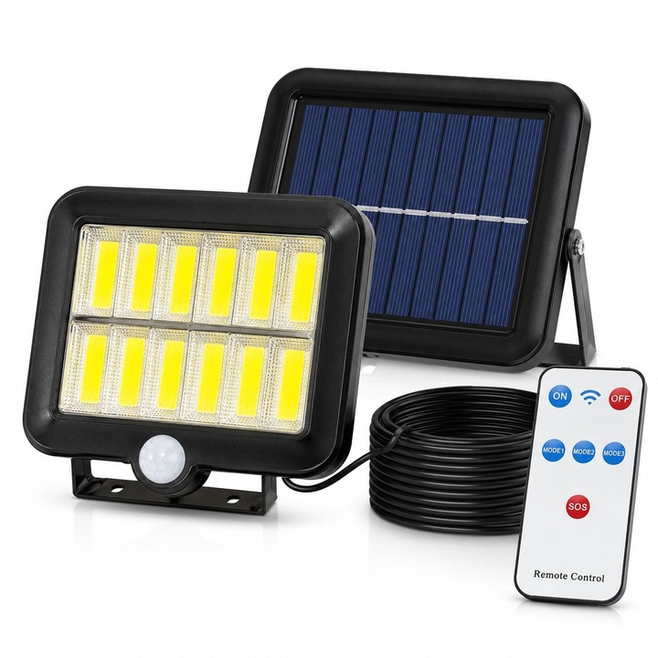 Lampa Solara LED Exterior 120 COB, Panou Solar Separat, Cablu 5 Metri, Telecomanda, Senzor de Miscare si Lumina, Rezistenta la Apa IP65, Iluminare Curte, Gradina, Garaj