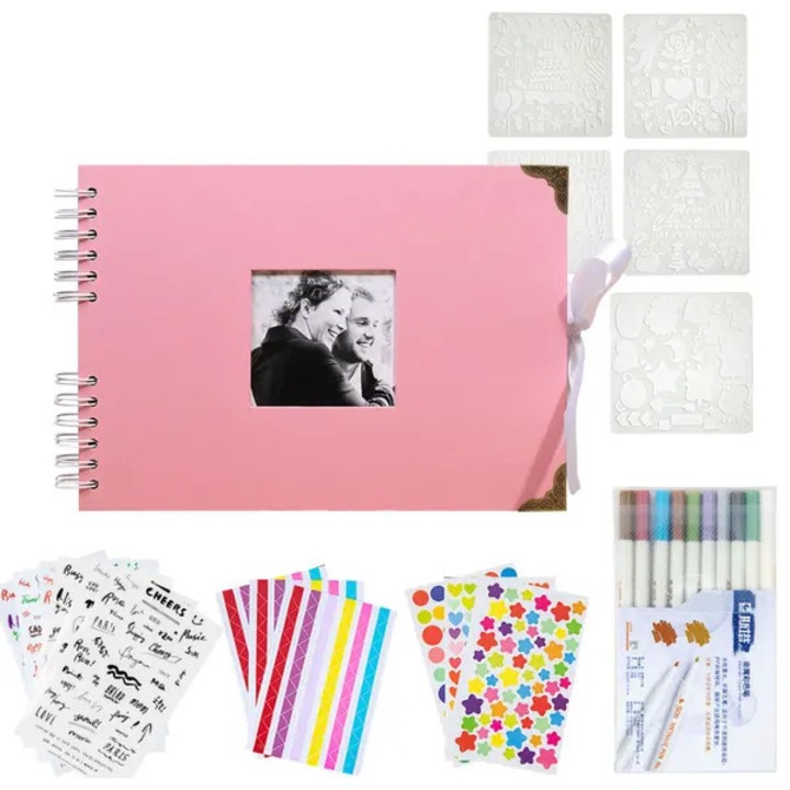 Rózsaszín 21x21cm scrapbook fotóalbum szett különféle kiegészítőkkel