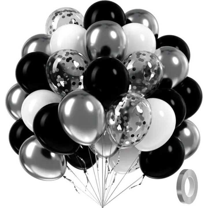 Set baloane 12 inch, negru alb argintiu, 60 piese, confetti, panglica, adeziv