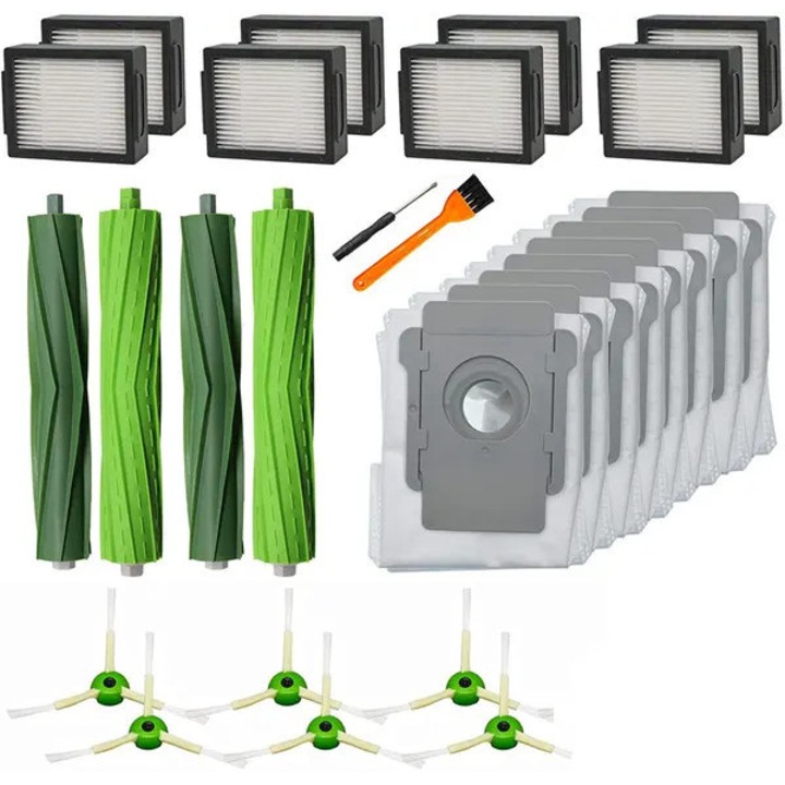 Set accesorii 26 piese compatibil iRobot i8/i7/i6/i4/i3/j7/E5/E6/E7 PRE-CJk0515-26-0826-345, perii principale si laterale, filtre HEPA, saci de praf, scule de curatare, Multicolor