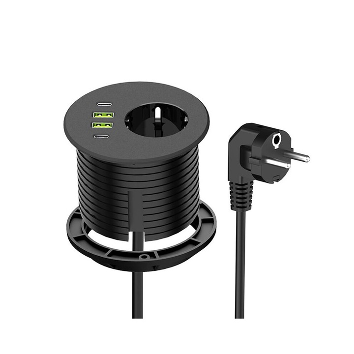 Вграден френски контакт за бюро, USB-C, черен, 2м кабел