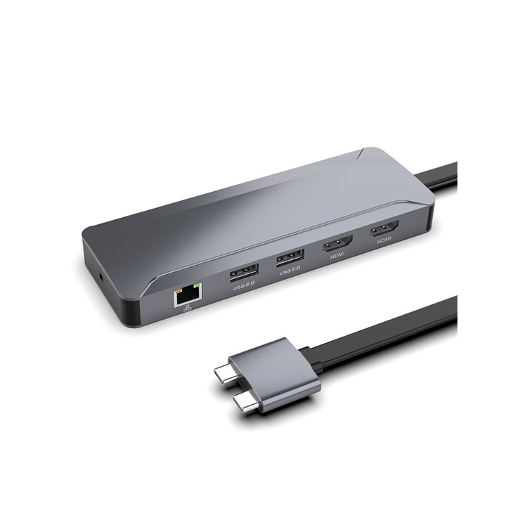 Kettős Type-C dokkolóállomás, 4K, Gigabit Ethernet, PD 100W, fekete, ABS