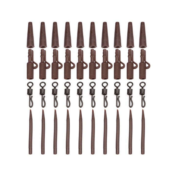 Set accesorii pescuit crap, clipsuri plumb, swivels negri, tuburi maro, 40 piese