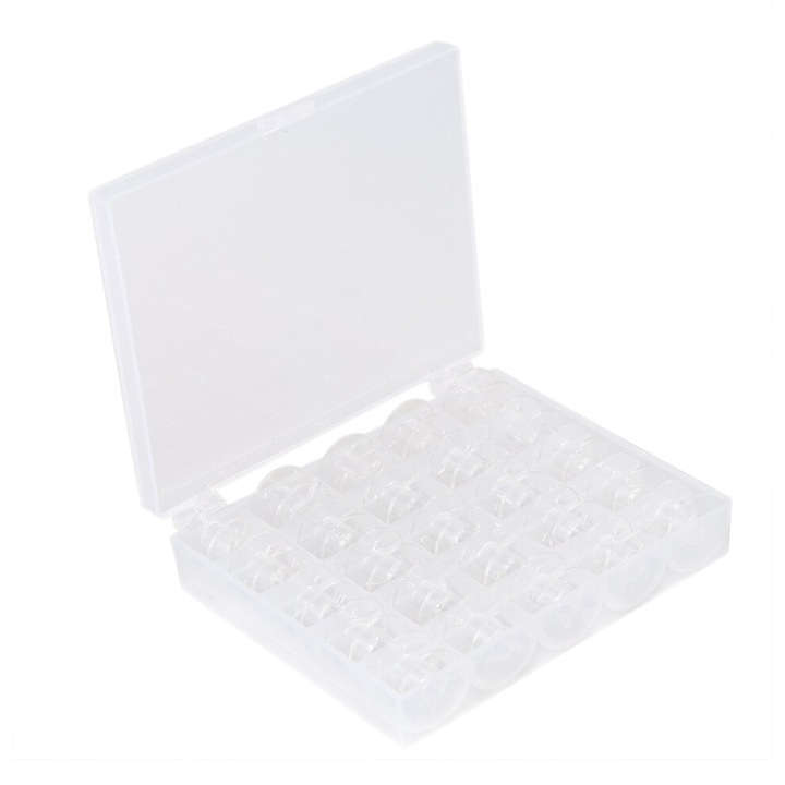 25 db átlátszó műanyag orsó készlet 20x10mm, 100x120mm-es dobozzal varráshoz