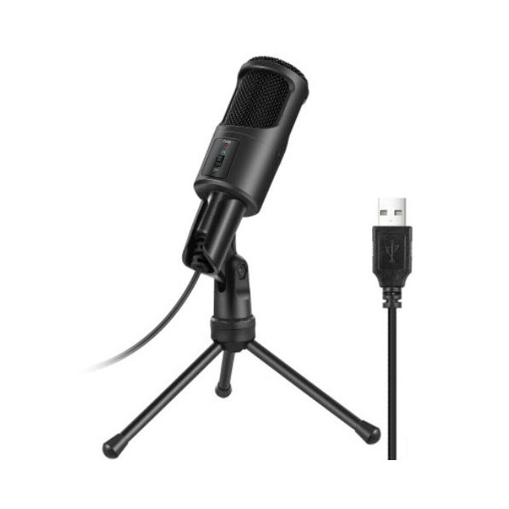 USB kondenzátor mikrofon PC-hez, fekete, összecsukható állvánnyal