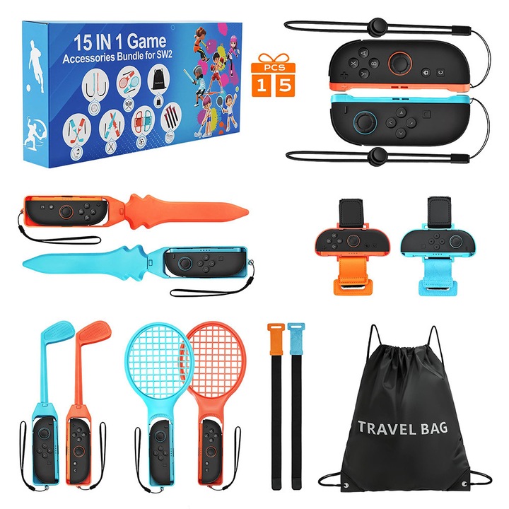 Set accesorii 15 in 1 pentru Nintendo Switch 2, JESWO®, ergonomic, Nintendo Switch 2 Joy-Con, cu rachete de tenis, sabii, crose de golf, benzi de dans pentru încheietură și curele pentru picioare