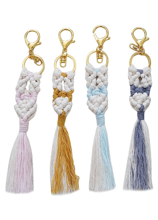 4 db makramé kulcstartó szett, boho, többszínű, 22cm, pamut és fém, bojtos