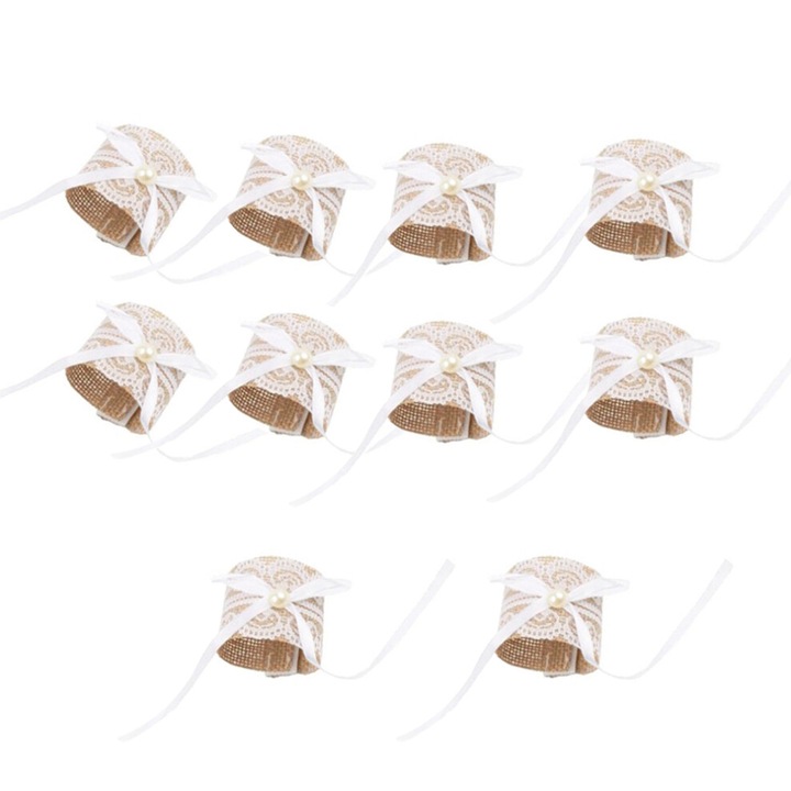 Set 10 inele servetele din in si dantela alb maro 5x18cm