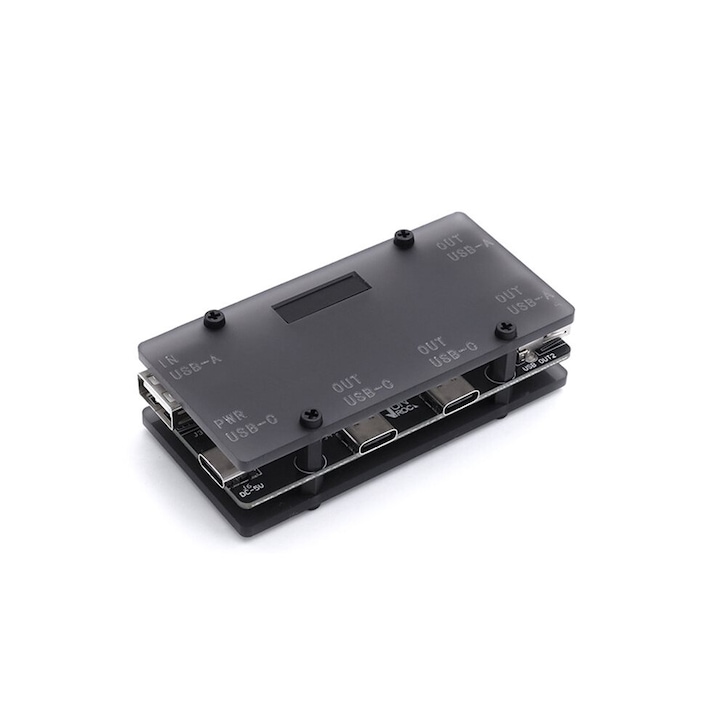 USB elosztó 1 az 4-hez, szigetelt, 2 USB-A, 2 Type-C, 5V, 480Mbps, PCB, fekete