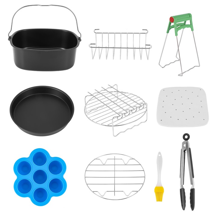 Set accesorii pentru friteuza cu aer patrata, 11 piese, inox, multicolor