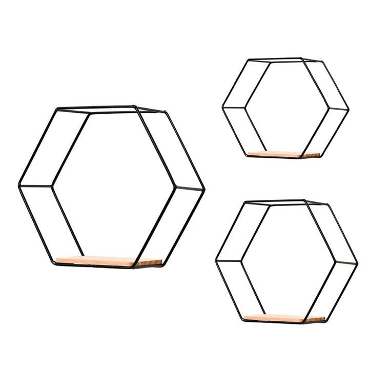 3 db hatszögletű fali polc szett, fém és fa, fekete, 17x9.5x14.5cm-28x10.5x25cm