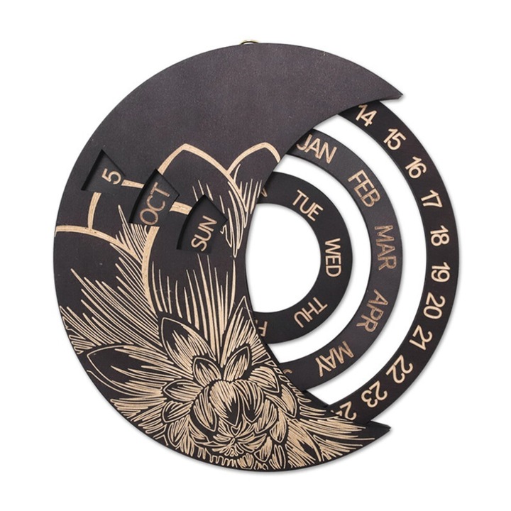 Calendar perpetuu de perete din lemn, negru auriu, 25.4x24cm