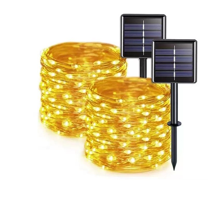 Set de 2 ghirlande luminoase solare de exterior, cate 12 metri fiecare, 100 LED-uri, fir de cupru impermeabil si 8 moduri de functionare, lumini solare intermitente pentru gradina, nunta, gard (alb cald)