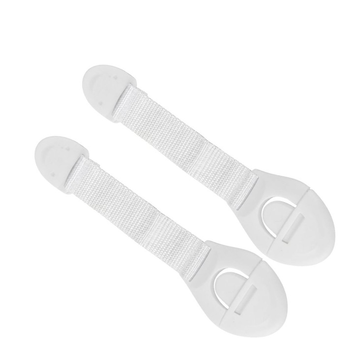 Set 2 incuietori pentru siguranta copiilor, blocatoare flexibile pentru dulapuri si sertare, montare adeziva, 20 cm, alb