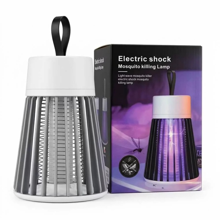 UV szúnyoglámpa USB tápellátással, elektromos csapda repülő rovarokhoz, csendes működés, hordozható kialakítás fogantyúval, alacsony energiafogyasztás, fehér/szürke