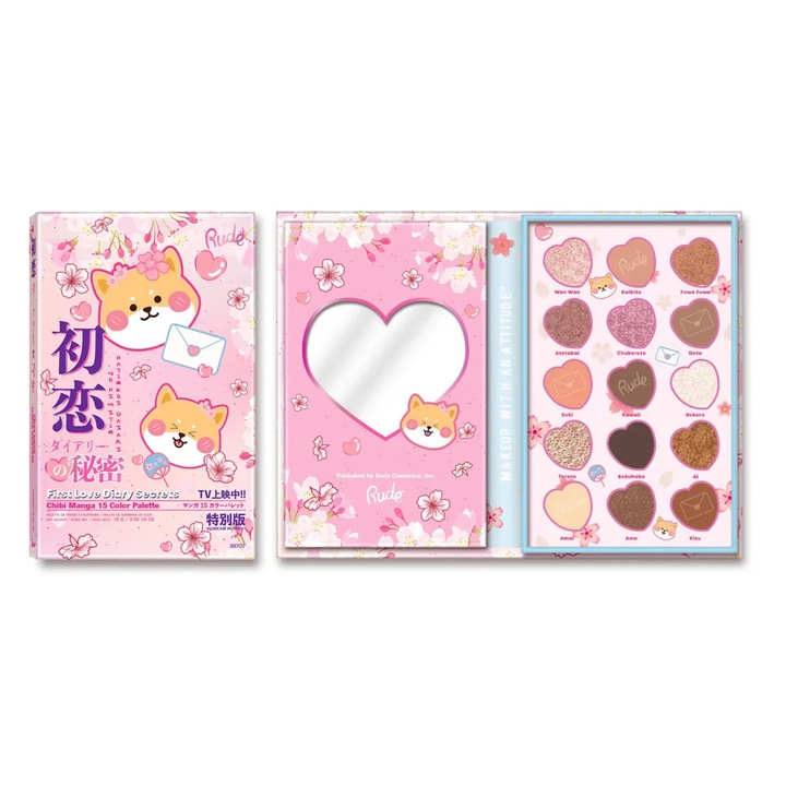 Paleta de farduri pentru pleoape First Love Diary Secrets, Chibi Manga Collection, Rude Cosmetics, 15 nuante