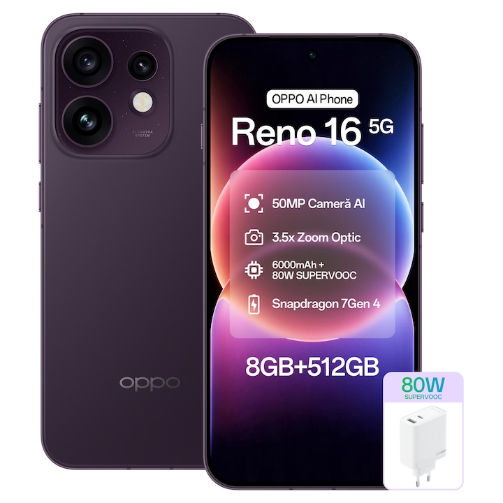 Telefon mobil OPPO Reno 16, 512GB, 8GB RAM, 5G Dual SIM, Baterie 6000mAh, 50MP Camera AI, Purple Black + Incarcator OPPO 80W SuperVOOC