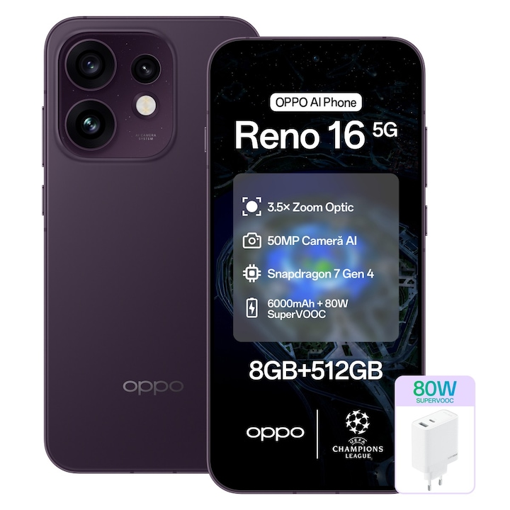 Telefon mobil OPPO Reno 16, 512GB, 8GB RAM, 5G Dual SIM, Baterie 6000mAh, 50MP Camera AI, Purple Black + Incarcator OPPO 80W SuperVOOC