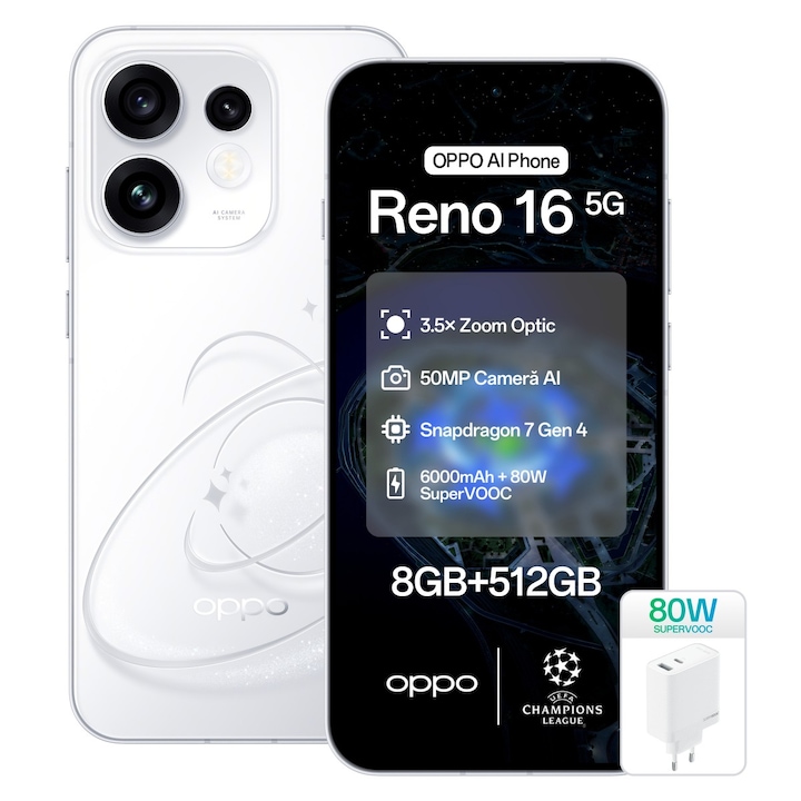 Telefon mobil OPPO Reno 16, 512GB, 8GB RAM, 5G Dual SIM, Baterie 6000mAh, 50MP Camera AI, Pop White + Incarcator OPPO 80W SuperVOOC