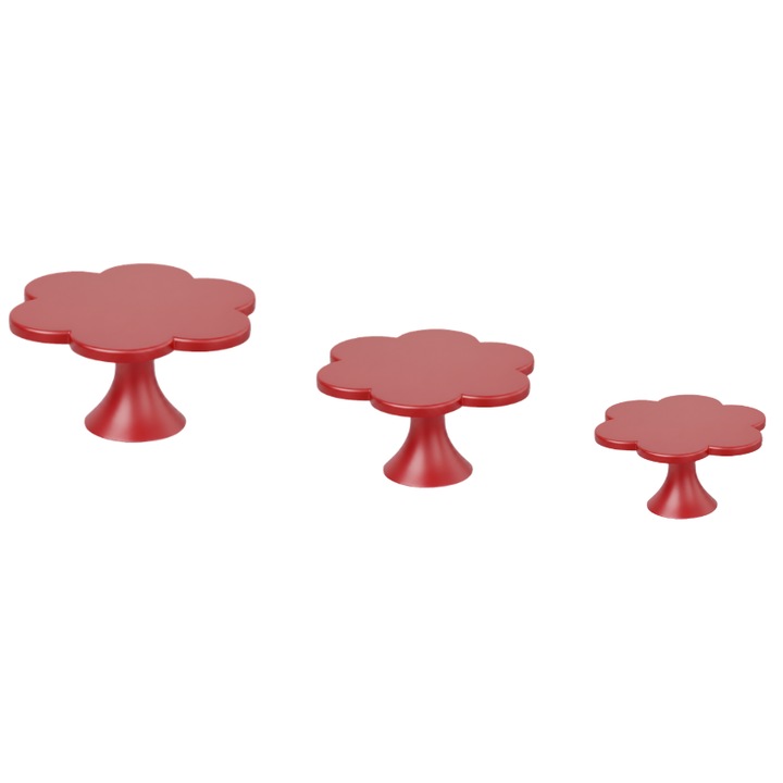 3 részes prémium süteménytartó szett, tortaállvány típusú, modern virág alakú design, 170 x 85 mm, 200 x 100 mm, 230 x 115 mm - piros