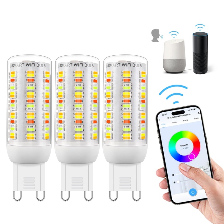 Bec LED Smart G9, I-SHUNFA, Wi-Fi, 4W 400lm, 2700-6500K, dimmelhető, kompatibilis Alexa Google, 3 darabos szett