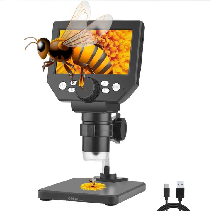 GREATON Digitális Mikroszkóp 4,3 hüvelykes LCD kijelzővel, Újratölthető, Hordozható, Erőteljes 1-1000X Zoom, Kompatibilis Operációs Rendszerek Windows/Mac, Állítható, Felvételi Funkció, Fekete